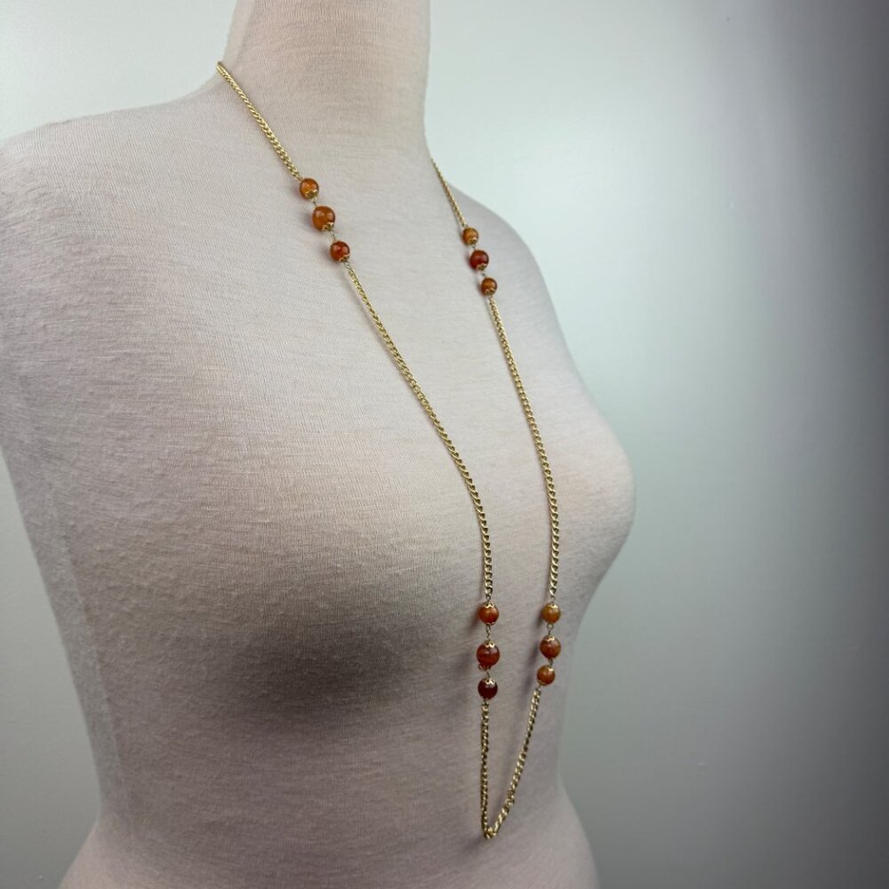 Vintage Lucite Amber Station Beads Gold Tone Chain Necklace 45" - Picture 4 of 6